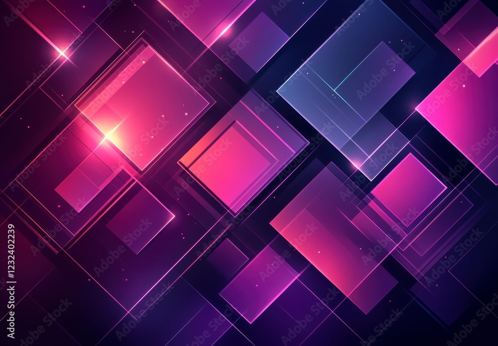 Poster abstract background with overlapping pink and purple squares, glowing edges, and a dark background. 