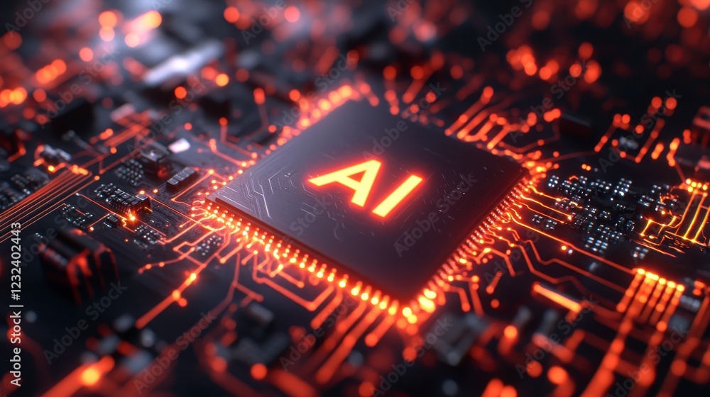 Poster close up of a circuit board with a glowing processor. red and orange hues illuminate the intricate p