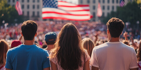 Fototapeta premium Patriotic Crowd Waving Flags at a Public Event