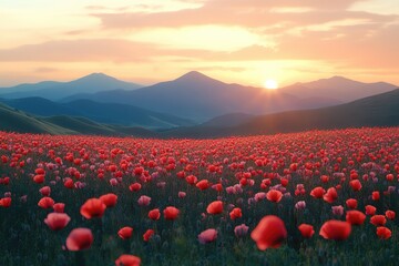 A field of poppies swaying in the wind, with mountains silhouetted against the dawn sky, creating a serene and inspiring landscape
