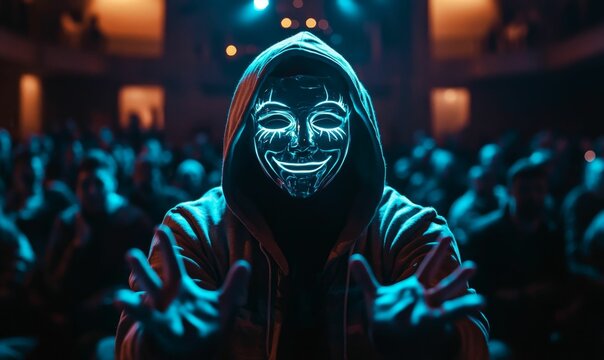 Hooded figure, glowing mask, outstretched hands, dark crowd.