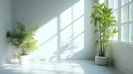 Fototapeta premium Two Potted Plants Sit in a Sunlit Room by a Window with Sunlight Streaming In