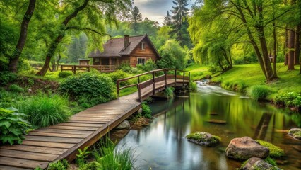 Obraz premium A peaceful house surrounded by lush greenery and a serene stream running gently through the landscape, with a wooden bridge spanning the water in the foreground, serenity, relaxation