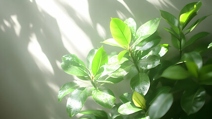 Obraz premium Green Plant Leaves Thrive Under Gentle Sunlight, Creating Serene Indoor Greenery