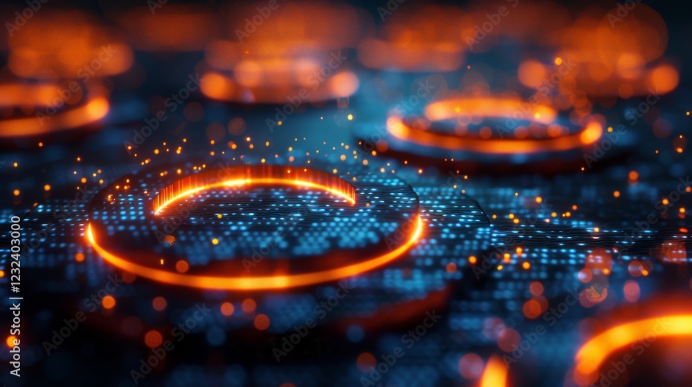 Fototapete A vivid illustration features illuminated orange circles hovering above a blue digital background, creating a dynamic atmosphere that highlights advanced technology.