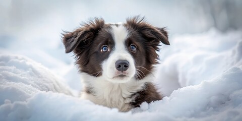 A border collie puppy snuggled up in a snowbank, its fur fluffed out for warmth and its big brown eyes looking up at the sky, doggy delight, canine