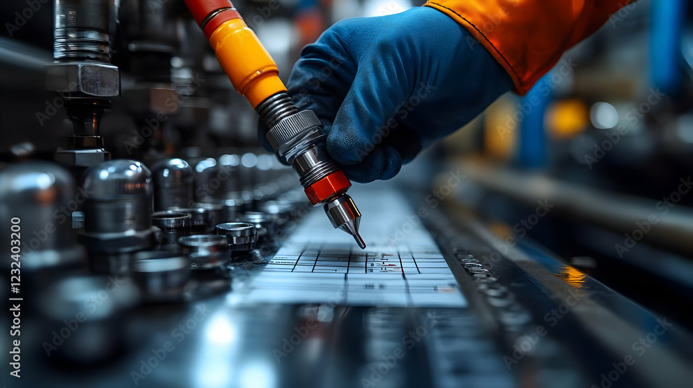 Poster technician checks pressure gauge readings with precision in industrial setting with detailed chart a