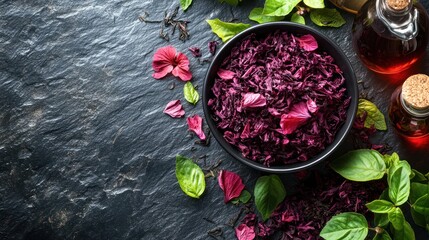 Herbal tea blend, dark background, ingredients,  food photography, recipe