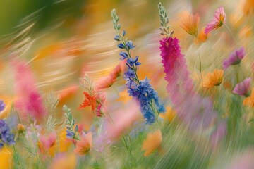 A field of wildflowers swaying in the wind, with soft, flowing strokes capturing the movement and the vibrant colors of nature
