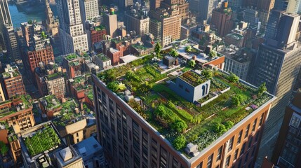 Lush rooftop gardens and urban farms flourishing atop buildings, integrating nature into the cityscape while promoting sustainable agriculture and enhancing biodiversity