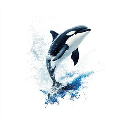Obraz premium vibrant illustration of orca whale leaping out of water, showcasing its powerful form and dynamic movement. splash of water adds sense of excitement and energy to scene