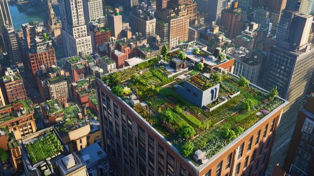 Lush rooftop gardens and urban farms flourishing atop buildings, integrating nature into the cityscape while promoting sustainable agriculture and enhancing biodiversity