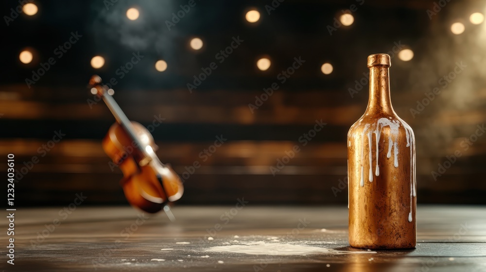 Poster an action-packed image showing a vintage bottle with flour splattering and a violin hovering in the 