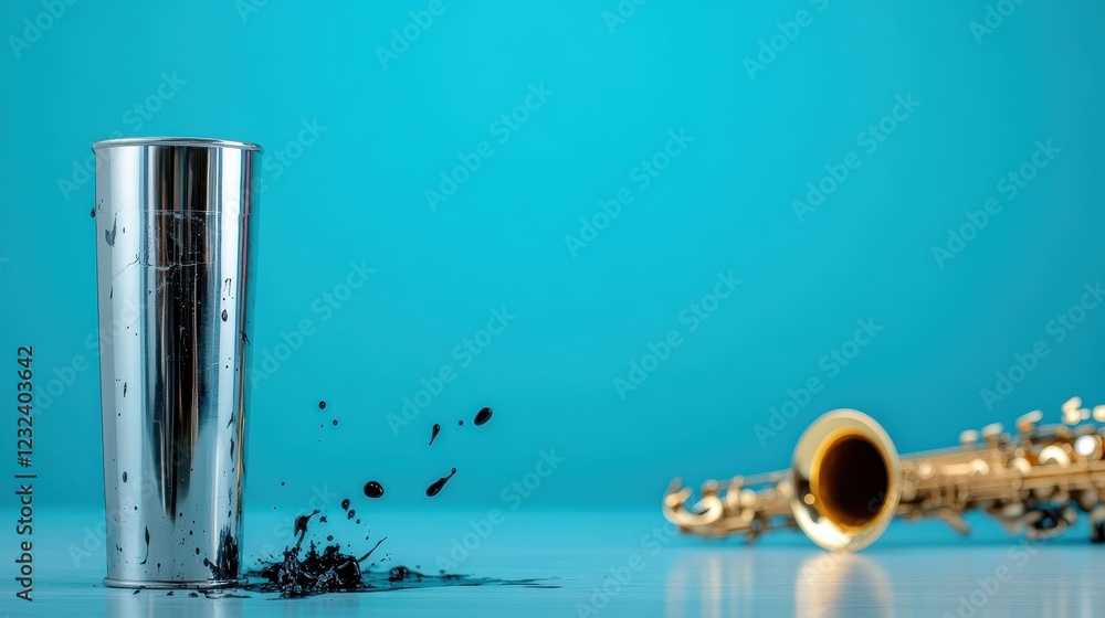 Aufkleber a sleek silver cup spills black paint, creating a captivating visual composition, harmonizing elemen