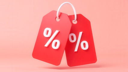 Two red discount tags hanging on pink background showing percentage symbol