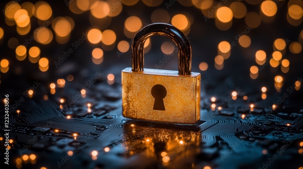 Aufkleber close up of a gold padlock on a dark background with bokeh lights, symbolizing digital security and 