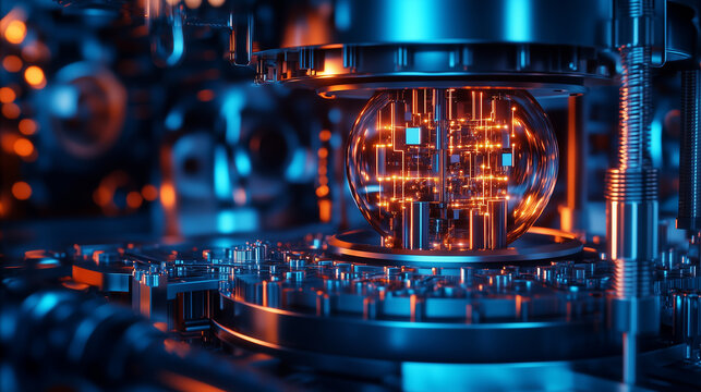 Futuristic quantum computer core with glowing entangled qubits in cryogenic chamber, holographic data streams and superconducting circuits, ultra-detailed 8K sci-fi nanotechnology concept