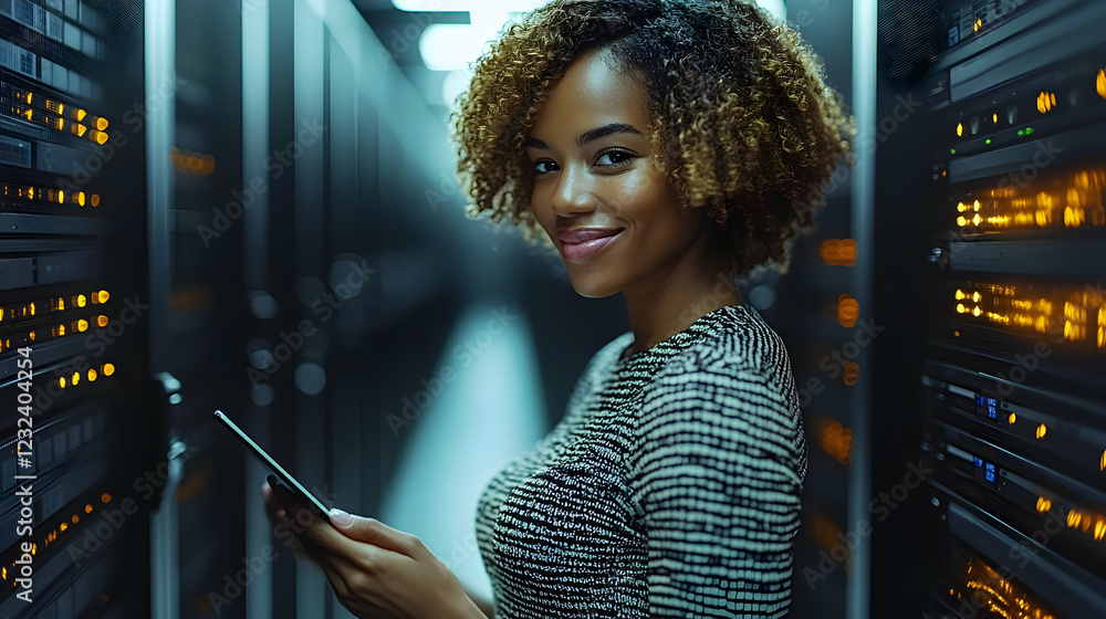 Poster it technician monitors servers in data center with tablet securely efficiently
