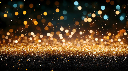 Gold Glitter Sparkles Shine Brightly on a Dark Background with Festive Bokeh Lights