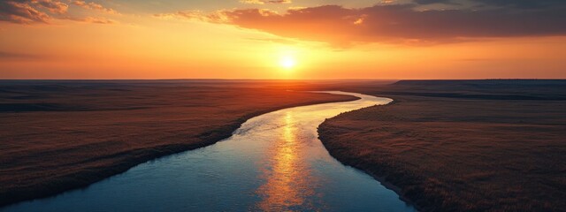 Naklejka premium Serene Sunset River Landscape Golden Hour Aerial View Nature Photography