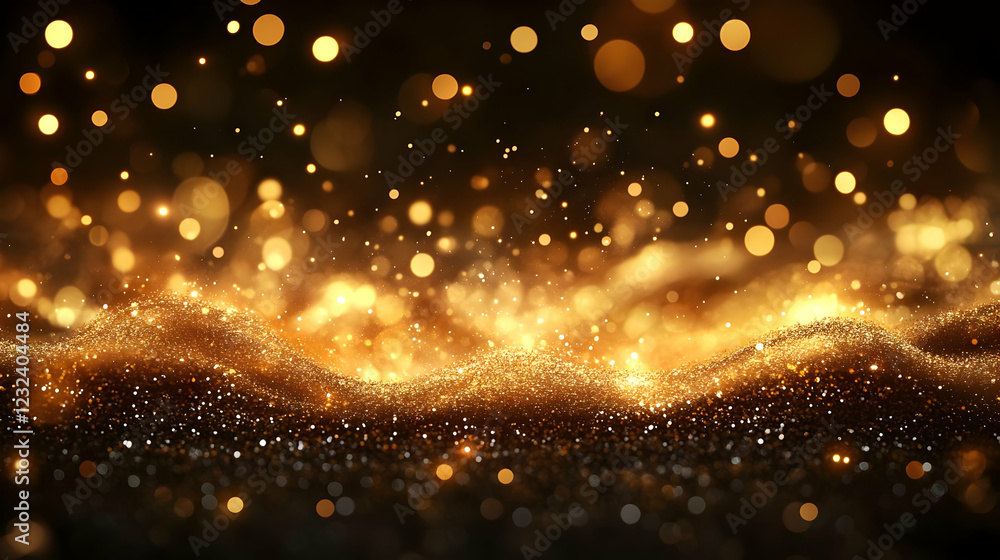 Poster Golden Glitter Sparkles on a Dark Background with Bokeh Effect Creates a Festive Atmosphere