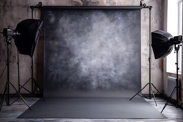 Neutral gray studio backdrop ensures versatility for diverse portrait photography needs  
