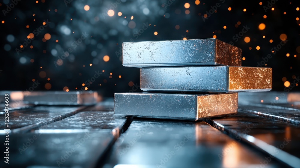 Aufkleber a captivating image of stacked metallic blocks with intricate patterns illuminated by warm lights, e