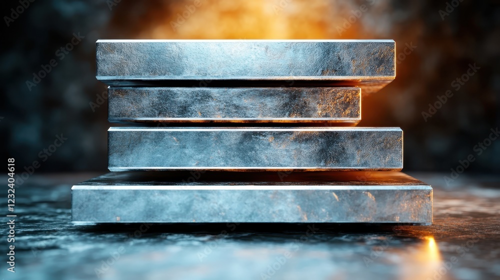 Poster a close-up view of stacked metallic blocks, reflecting light and creating an abstract background, sy