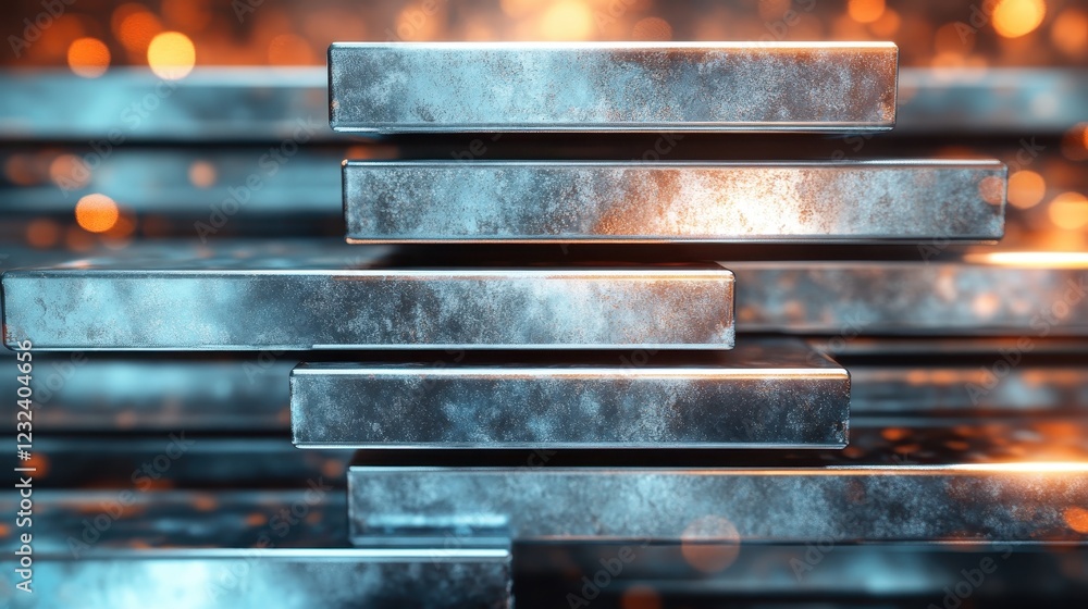 Poster a close-up of well-aligned metallic blocks enhanced by captivating glowing effects, inspiring feelin