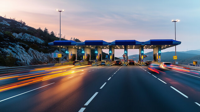 Modern cars passing through electronic toll gate on highway with motion blur, 4K UHD traffic monitoring footage for transportation projects and travel blogs