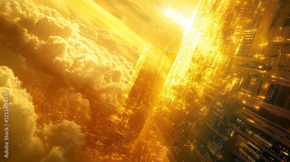Poster golden abstract background with bright light, glowing particles and clouds. digital art depicting a 