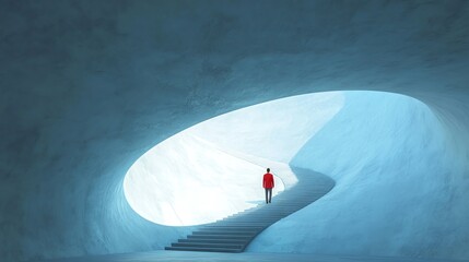 A person in a red jacket walks up a spiral staircase within a minimalist, blue-tinted architectural space.