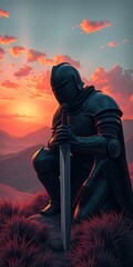 Knight in armor kneeling with sword at sunset.

