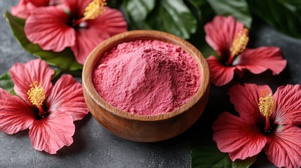 Hibiscus powder in bowl, flowers, dark background, beauty