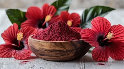 Hibiscus powder in bowl, flowers, table, herbal, health