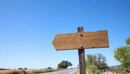 Rustic Wooden Arrow Signpost on Country Road Blank Signboard Summer Day