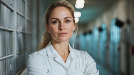 A confident female nurse stands in a hospital corridor, showcasing her professionalism and dedication to patient care in a modern medical environment.