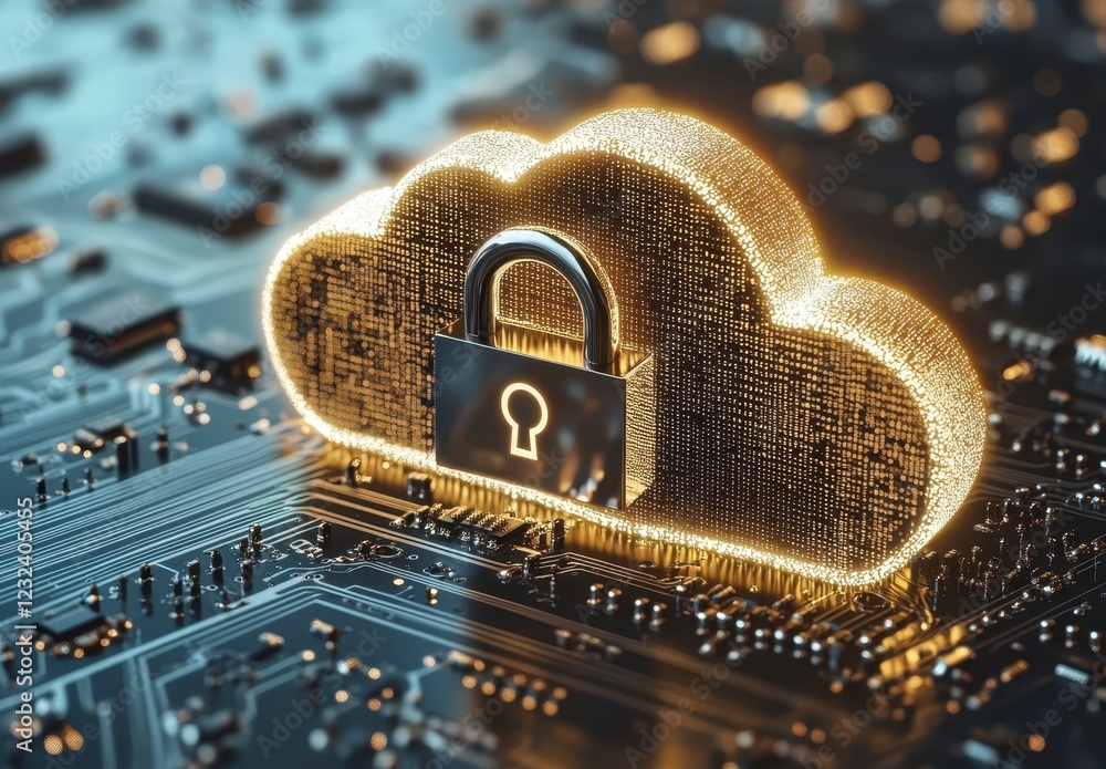 Poster glowing golden cloud data security concept, padlock on a circuit board. abstract digital illustratio