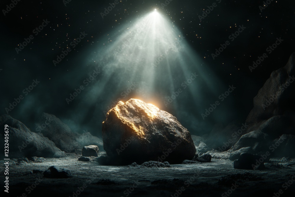 Poster a stylized depiction of a single beam of light illuminating a solitary object in a dark room