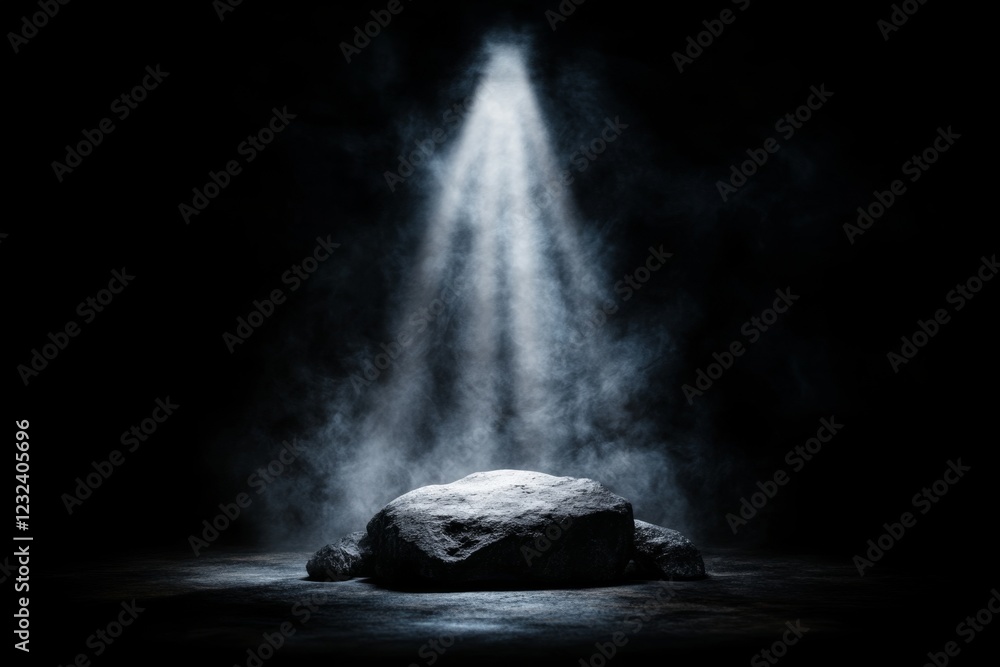 Poster a stylized depiction of a single beam of light illuminating a solitary object in a dark room