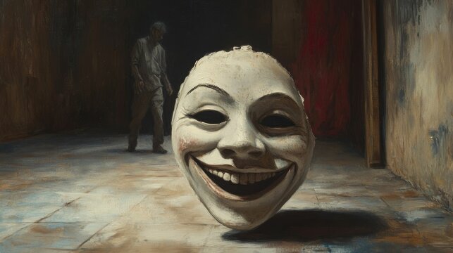 Mask with wide smile, figure standing in background.