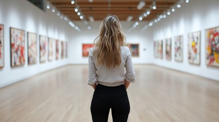 A thoughtful young woman observes artwork in a gallery, embodying appreciation for creativity and self-reflection in a serene yet inspiring space filled with engaging pieces.