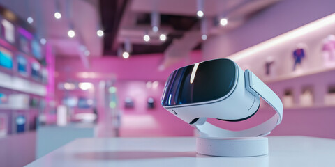 Virtual reality headset displayed on table in modern retail store