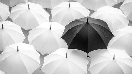 A lone black umbrella stands out in a sea of white umbrellas, tilted as if resisting the storm, symbolizing individuality and defiance in a high-contrast, minimalist art style.
