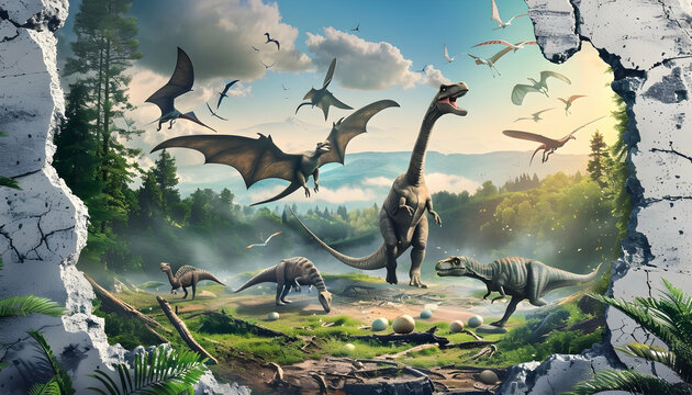 3D Illustration Prehistoric Dinosaurs Landscape Nest Eggs Clouds Pterosaurs