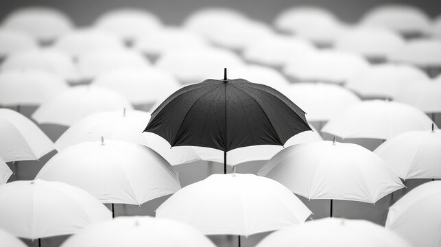 A lone black umbrella stands out in a sea of white umbrellas, tilted as if resisting the storm, symbolizing individuality and defiance in a high-contrast, minimalist art style.