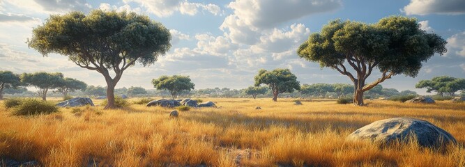 Golden savanna landscape under a partly cloudy sky. Two large acacia trees stand out in the foreground, surrounded by tall yellow gold grass and