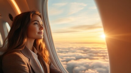 A serene woman enjoys a captivating view of a stunning sunset from an airplane window, embodying the beauty of travel and the promise of new experiences ahead.