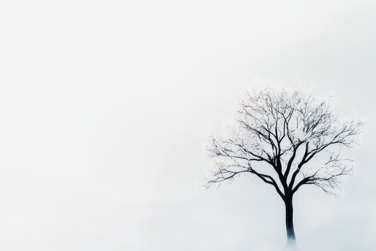 A stylized drawing of a single tree in bloom amidst bare, wintery branches, representing resilience and prominence, on a clean white backdrop