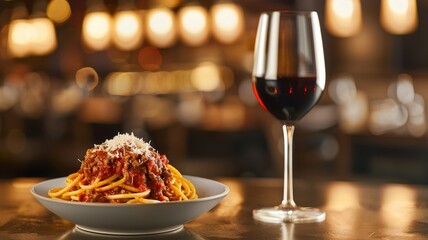 Spaghetti Bolognese: A classic spaghetti dish topped with a rich and hearty Bolognese meat sauce, served  with grated Parmesan on top, accompanied by a glass of red wine.